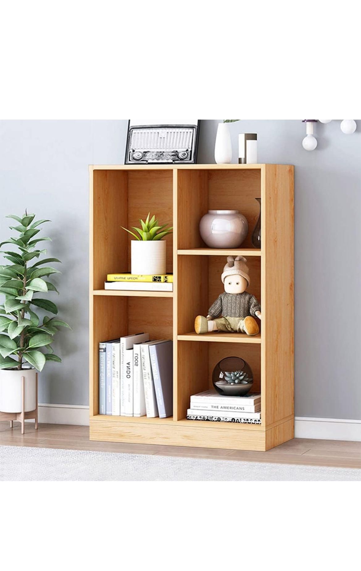 IOTXY Open Shelf Low Bookcase - Wooden 3-Tier Floor Standing Display Cabinet Organizer with Base, 5 Cubes Short Horizontal Bookshelf in Pear Yellow