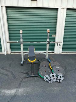 Bumper Weights Bar Squat Rack and Bench