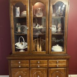 Wooden China Cabinet And Dining Room Table And 4 Upholstered Chairs 