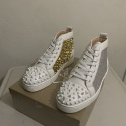 Christian Louboutin White With Gold Spike High Top