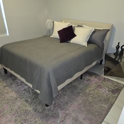 Queen/full bed frame off white cloth covered