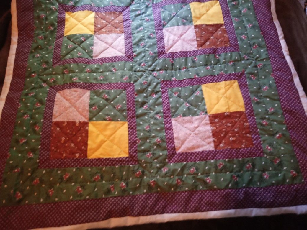 Baby Quilt Four Patch In Green Yellow An Brown