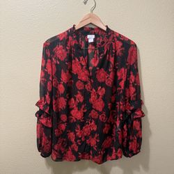 Women’s Size 3 (XL/16) Chico's Red Black Floral Rose Sheer Long Sleeve Blouse