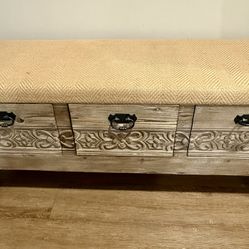 Deck Mode Brown Farmhouse Upholstered Floral Engraved Accent Wood Storage Bench 