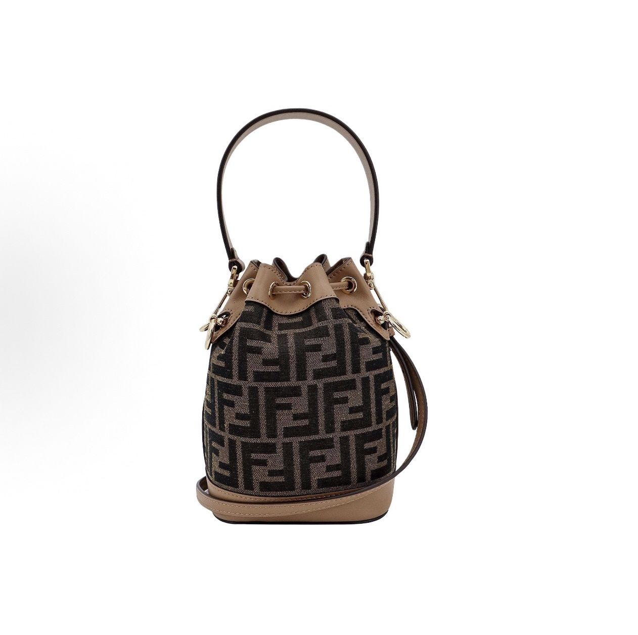 FENDI Mon Tresor detachable shoulder strap drawstring open and close FF fabric calfskin bucket bag handbag cross-body bag shoulder bag(91)83