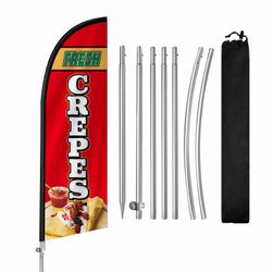 History QSUM 8FT Crepes Feather Flag With Pole Outdoor Advertising Banner Polyester Fabric Stainless Steel Pole Dessert Promo Flag Kit With Ground Spi