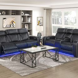 Brand New Black/Brown/Light Gray Brand New Biege Synthetic Leather Motorized Reclining Sofa + Loveseat With Blue LED, Cup Holders, Charging Ports, USB