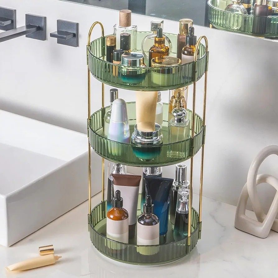 360° Rotating Makeup Organizer, Bathroom Make Up Spinning Holder Rack, Large Capacity Cosmetics Storage Vanity Shelf Countertop, Fits Cosmetics, Perfu