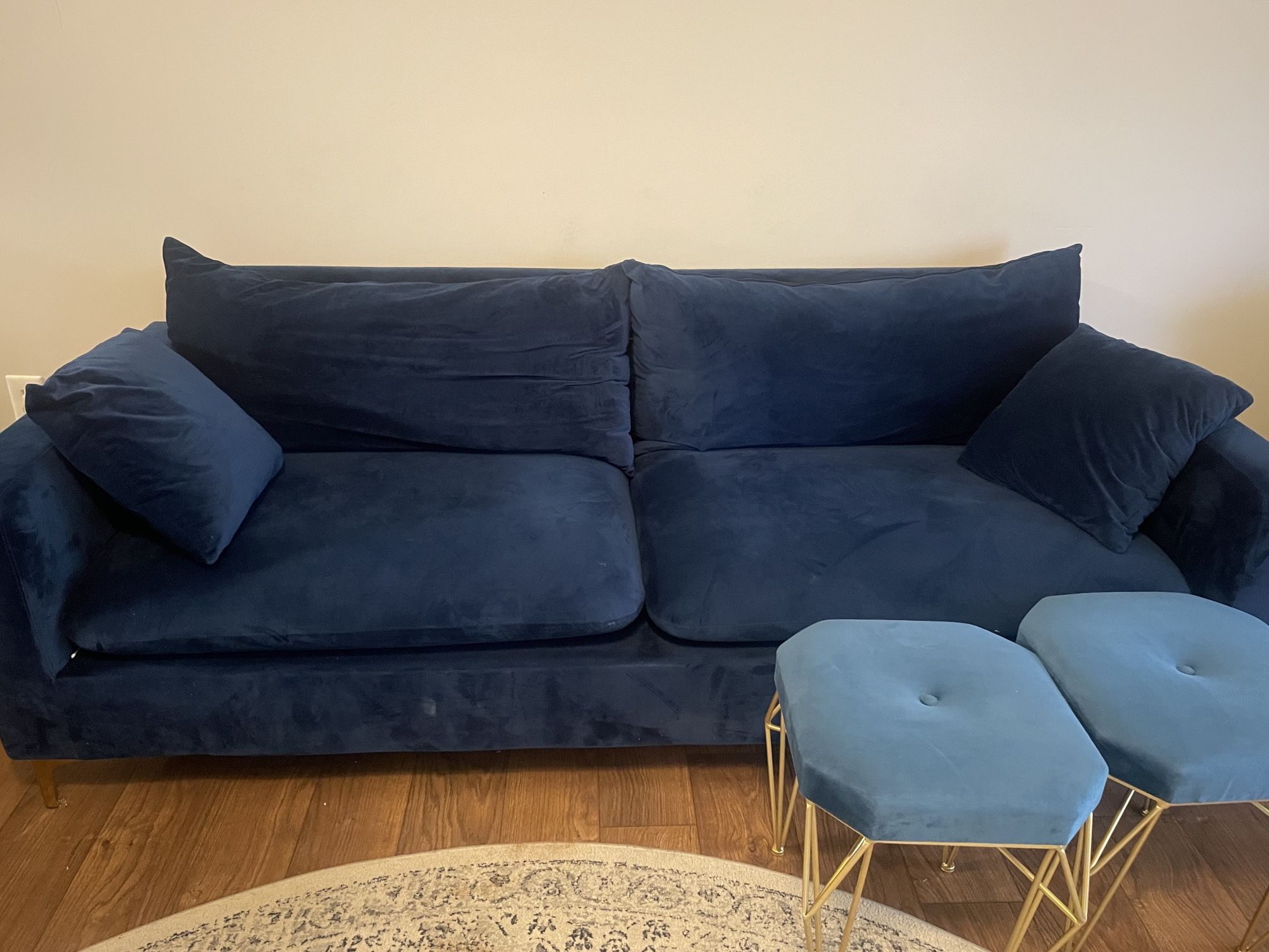 Blue Couch Plus Two Foot Stools