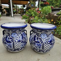 Talavera White And Blue Clay Pots, Planters,Plants, Pottery $60 cada uno.