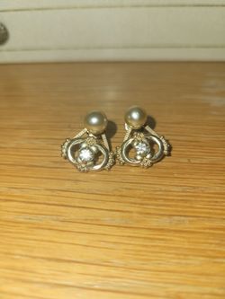 Vintage Silver-Tone Faux Pearl and Rhinestone Screw-Back Earrings
