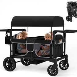 Wagon Stroller for 4 Kids, Foldable 4 Seats Outdoor Stroller Wagon with Canopy, Adjustable Handlebars, 5-Point Safety Harness, Detachable Tray, Portab