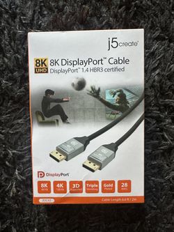 j5create, 8K @ 60 Hz / 4K @ 120 Hz, 32.4Gbps DisplayPort Cable for TVs, laptops, monitors, graphic cards, 6.6 ft, JDC43
