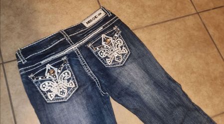 VINTAGE Y2K MISS CHIC USA DARK WASH BLUE DENIM JEANS WESTERN COWGIRL SIZE 9 PANT BOTTOM TROUSERS BLING RHINESTONE FLEUR DE LIS EMBROIDERED EMBELLISHED