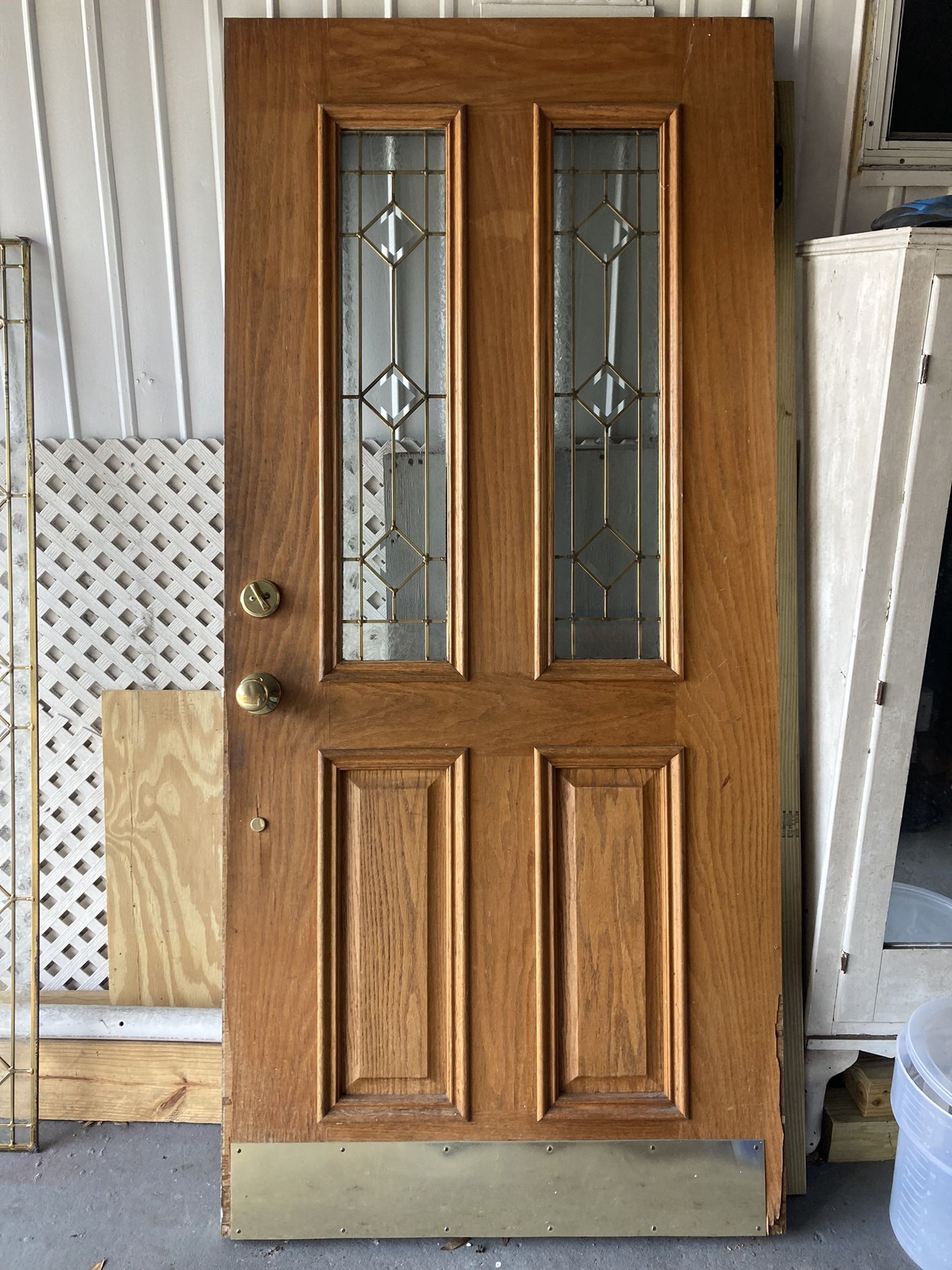 Heavy Front Wood Door With Sidelights Panels Transom Glass Good Condition