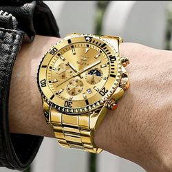 New – OLEVS Men’s Calendar Wrist Watch – Luxury Gold Stainless Steel Watch (Only 2 Left)