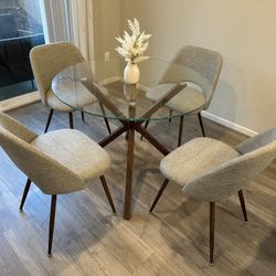Round Glass Table(D39”) And 4 Gray Upholstered Chairs_Like New
