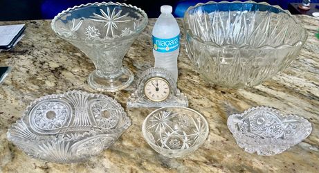 6 Piece Lot Crystal Collection Punch Bowl Serving Dish Candy Clock