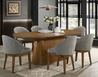 7-Piece Oval Dining Set – 88” Walnut Finish Table with 6 Light Gray Fabric Chairs, Seats 6