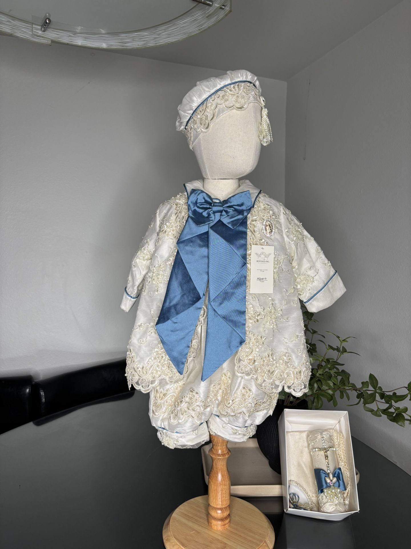 Baby Boy Baptism Outfit with Royal Blue Bow- Christening Set with Candle, Shell and Towel