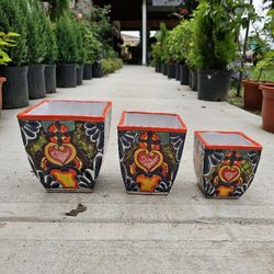 Square Talavera Set Clay Pots, Planters,Plants, Pottery.
