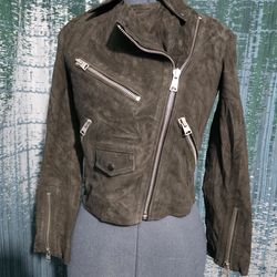 AllSaints suede biker jacket, likely the Balfern or Dalby model, featuring a slim fit, metal hardware, and an asymmetrical front zip.  # Y