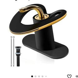 7615: New Black Gold Waterfall Sink Single Hole Vanity 1 Handle Brass Modern Unique Bathroom Faucets, 2 Tone Single Lever Copper Swan Style Vessel Hol
