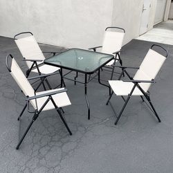 (NEW) $100 Outdoor 5 Piece Patio Set (32x32” Table and 4pc Folding Chairs) Garden Furniture