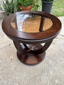 Round Wood End Table with Glass Insert