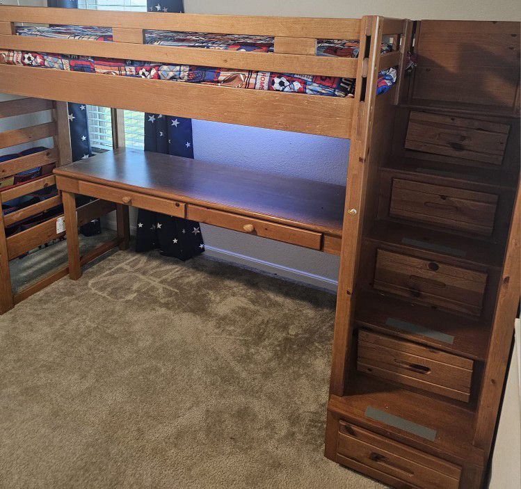Wooden  Bunk Bed With Desk Underneath