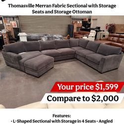 Thomasville Merran Fabric Sectional with Storage Seats and Storage Ottoman