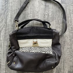 Vince Camuto Brown Leather COW Fur speckled Large Handbag Shoulder Bag
