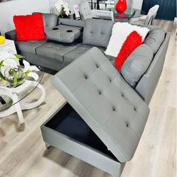 Grey Modern Sofa Sectional with Cup Holders 