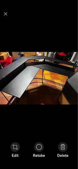 Black Carbon-Fiber-Texture L-shaped computer/gaming desk w/ raised monitor stand