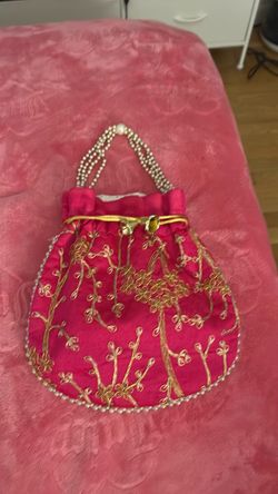 Pink Embroidered Potli Bag with Pearl Handle