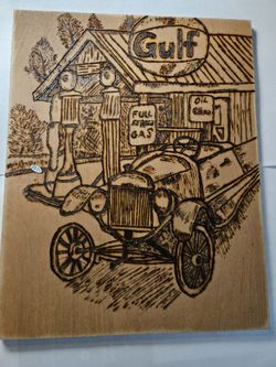 Old Gas Station Woodburning Art