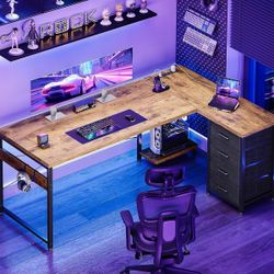 L Shaped Desk with 4 Tier Drawers, 61" Reversible Gaming Desk with Power Outlets, L Shaped Computer Table with USB Charging Port and Host Stand, Home 