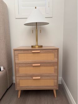 Set of two light oak nightstands with drawers, charging ports and plug