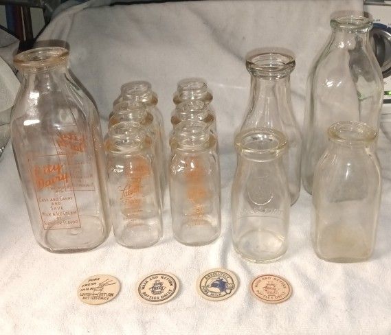 Lot Of 11 Antique Milk Bottles And Caps