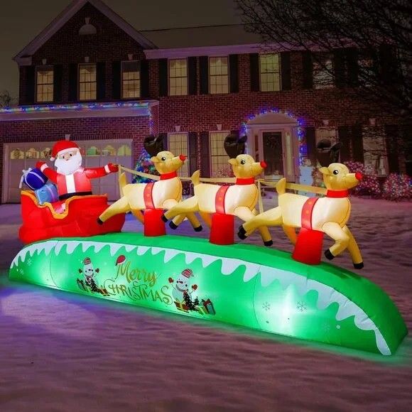 New 10FT Long Christmas Inflatables LED Santa Sleigh & Reindeer Yard Decoration