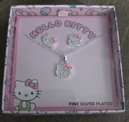 Hello Kitty Silver Plated Rhinestone Necklace & Earring Set New in Box