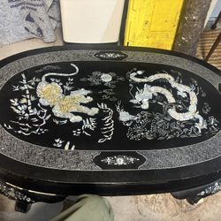 Korean Black Lacquer Mother Of Pearl Inlay Tiger And Dragon Coffee Table