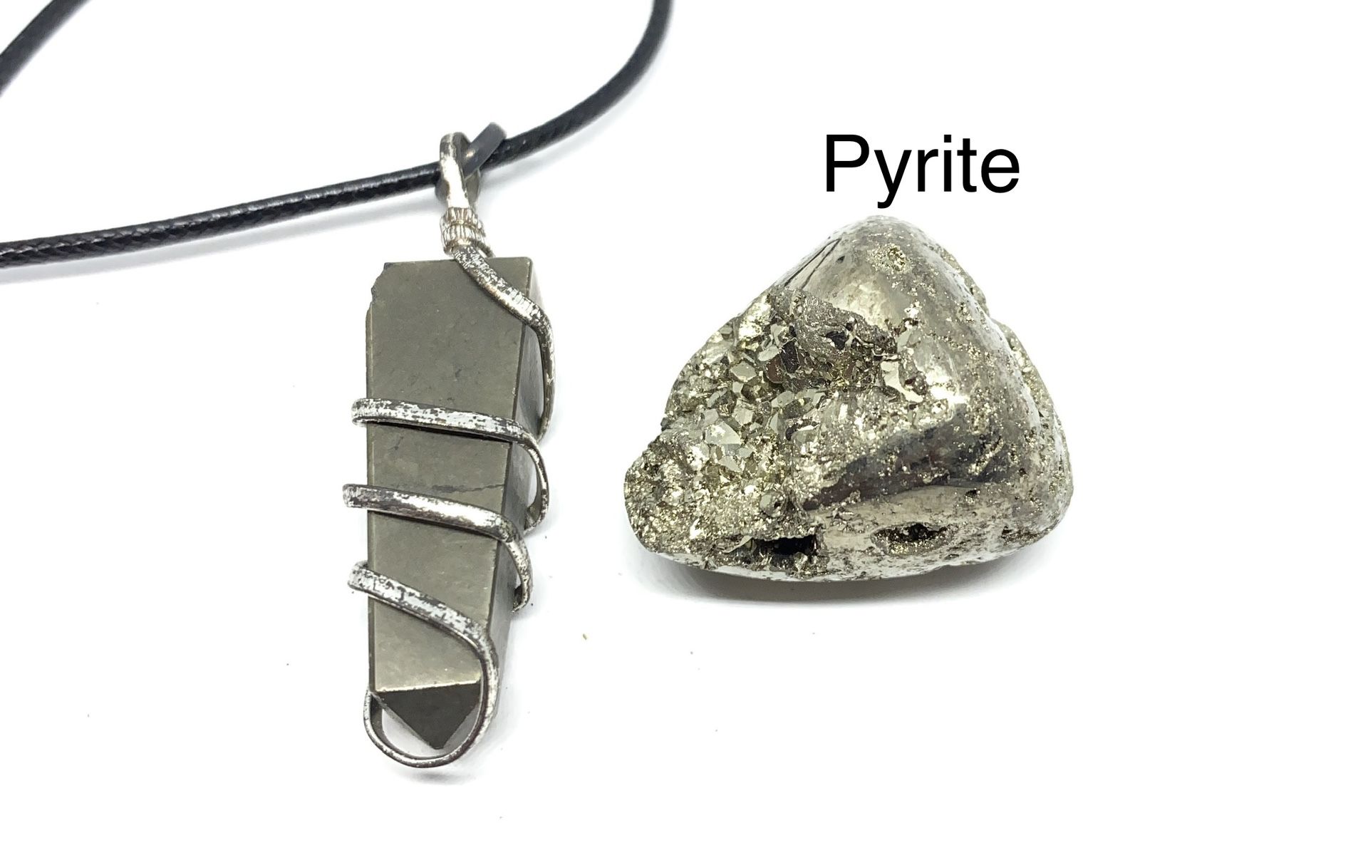 Pyrite Genuine Stone & Wire Wrapped Pendant Necklace Set 