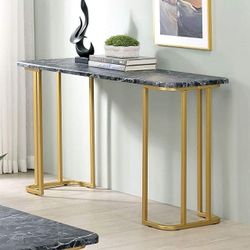 ART DECO VIBE FAUX BLACK MARBLE TOP GOLD PLATED FRAME CONSOLE HALL TABLE