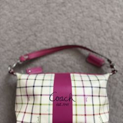 Coach Tattersall Heritage Stripe Multi-Color PVC Leather Small Baguette
