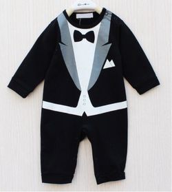 Newborn infant baby boy onesie tuxedo style playwear or sleepwear