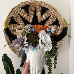 Hanging Cow Skull With Flowers