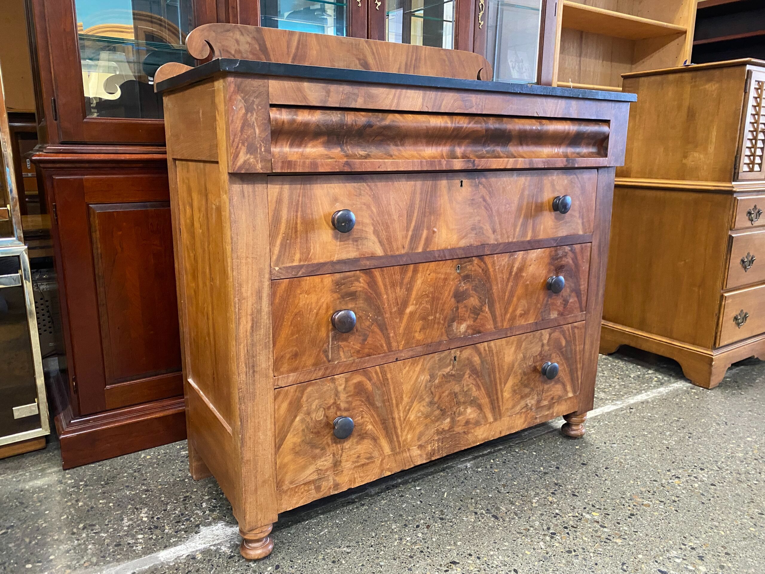 Antique 4-Drawer Wooden Dresser w/ Black Top