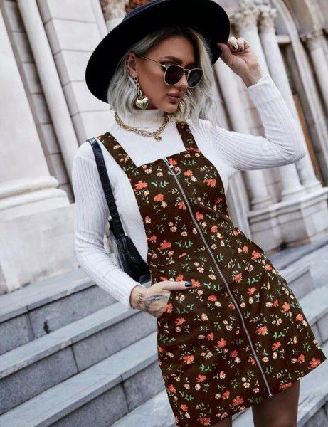 Floral Print Zip Up Corduroy Overall Brown Dress W/ Pockets