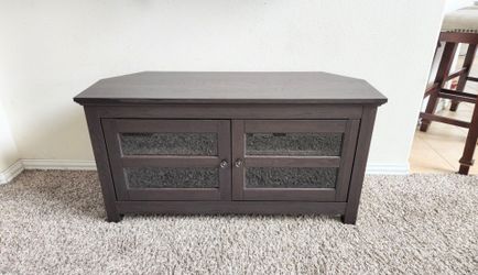 Dark Brown Modern Farmhouse Style Wooden Up to 50" TV Stand/Entertainment Center with Shelf and Cabinet Doors. 45.25"W x 16"D x 23.5"H